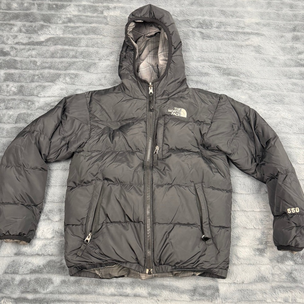The North Face Kids 550 Down Reversible Puffer Jacket Black Plaid 10/12